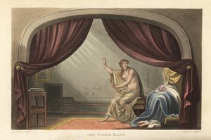The Warm Bath: naken kvinna som tar ett bad bakom gardiner i ett Regency-rum. Sägs vara ett porträtt av Mary Robinson, älskarinna till kung George IV. Handkolorerad kopparstick av Thomas Rowlandson, akvatint av J. Bluck, efter en skiss av J. Green från P av Thomas Rowlandson