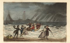 Vattenfesten: turister överger en sjöresa på grund av dåligt väder. Handkolorerad kopparstick av Thomas Rowlandson, akvatint av J.C. Stadler, efter en skiss av J. Green från Poetical Sketches of Scarborough, Ackermann, London av Thomas Rowlandson