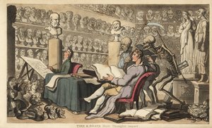 Figurerna Tid med lie och Döden med sitt spjut och timglas står bakom en konstnär med en penna i en ateljé fylld med klassiska byster och skulpturer. Handkolorerad kopparplåt tecknad och graverad av Thomas Rowlandson från The Eng av Thomas Rowlandson
