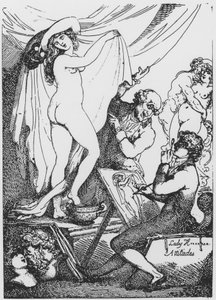 Den blivande Lady Hamilton poserar som Hygeia, hälsans gudinna, i Dr James Grahams Aesculapiustempel. av Thomas Rowlandson