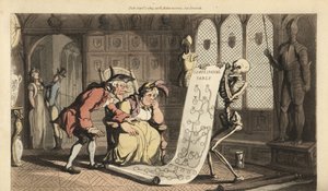 Skelettet Döden med sitt timglas visar en genealogisk tabell för två äldre aristokratiska geneologer i ett rum med heraldiska sköldar och rustningar. Handfärgad kopparplåt tecknad och graverad av Thomas Rowlandson från The English Dance of Death, av Thomas Rowlandson