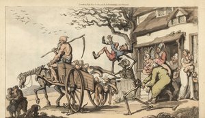 Dödens och den gamles skelett Det är dags att ta Goody Bartons gamla man, men vagnen är redan för full med lik. Handfärgad kopparplåt tecknad och graverad av Thomas Rowlandson från The English Dance of Death, Ackermann, London av Thomas Rowlandson