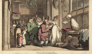 Dödens skelett som en präst som firar bröllopet mellan en ung kvinna och en ful gammal man. Handfärgad kopparplåt tecknad och graverad av Thomas Rowlandson från The English Dance of Death, Ackermann, London av Thomas Rowlandson