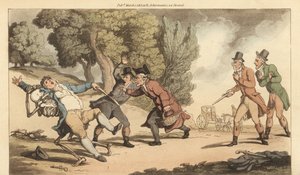 Dödens skelett bär bort en skadad man innan läkaren kan vänta på honom efter en dödlig duell med pistoler i en park. Handfärgad kopparplåt tecknad och graverad av Thomas Rowlandson från The English Dance of Death, Ackermann, London av Thomas Rowlandson