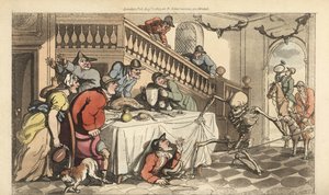 Dödens skelett kommer för en jägare när han gömmer sig under ett bord efter en rävjakt. Handfärgad kopparplåt tecknad och graverad av Thomas Rowlandson från The English Dance of Death, Ackermann, London av Thomas Rowlandson