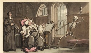 Dödens skelett kommer för biskopen i klostret, när han läser Bibeln på en talarstol och vilar sin giktfot på en kudde. Handfärgad kopparplåt tecknad och graverad av Thomas Rowlandson från The English Dance of Death, Ackermann, London av Thomas Rowlandson