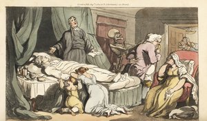 Dödens skelett kommer för doktorn, när prästen ber över den döda kroppen av en god man som sörjs av hans fru och barn. Handfärgad kopparplåt tecknad och graverad av Thomas Rowlandson från The English Dance of Death, Ackermann, London av Thomas Rowlandson
