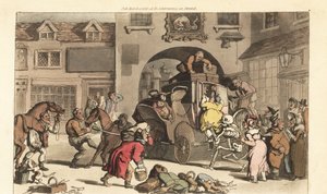 Dödens skelett hjälper en stor matron till den ödesdigra sista scenen. Handfärgad kopparplåt tecknad och graverad av Thomas Rowlandson från The English Dance of Death, Ackermann, London av Thomas Rowlandson