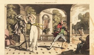Dödens skelett i en udde dansar en sista vals med sköra Caelia, medan hennes danslärare ser bestört ut. Handfärgad kopparplåt tecknad och graverad av Thomas Rowlandson från The English Dance of Death, Ackermann, London av Thomas Rowlandson