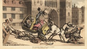 Dödens skelett i mantel och mössa driver en tvåhästars vagn när den kraschar in i vägarbeten och dödar hans passagerare, en domstolstjänsteman. Handfärgad kopparplåt tecknad och graverad av Thomas Rowlandson från The English Dance of Death, Ackermann, Lond av Thomas Rowlandson