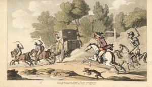 Dödens skelett förenar sig med en upprörd far när han försöker hindra sin enda dotter från att fly med en soldat i en diligens till Gretna Green. Handfärgad kopparplåt tecknad och graverad av Thomas Rowlandson från The English Dance of Death, Ackermann, Lo av Thomas Rowlandson