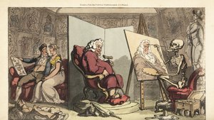 Dödens skelett målar ett porträtt av en Alderman, medan hans unga tjänarinna flirtar med en galant konstnär bakom skärmen. Handfärgad kopparplåt tecknad och graverad av Thomas Rowlandson från The English Dance of Death, Ackermann, London av Thomas Rowlandson