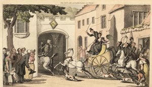 Dödens skelett rider före en hög tandem som bär nästa arvtagare till sin undergång under en låg båge. Handfärgad kopparplåt tecknad och graverad av Thomas Rowlandson från The English Dance of Death, Ackermann, London av Thomas Rowlandson