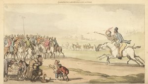 Dödens skelett åker med en man mot vadhållningsplatsen på en kapplöpningsbana, medan barn spelar ett parti lotto. Handfärgad kopparplåt tecknad och graverad av Thomas Rowlandson från The English Dance of Death, Ackermann, London av Thomas Rowlandson