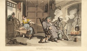 Dödens skelett röker pipa vid brasan med gamle Gaffer Goodman, medan hans unga fru förförs av en friare vid fönstret. Handfärgad kopparplåt tecknad och graverad av Thomas Rowlandson från The English Dance of Death, Ackermann, London av Thomas Rowlandson