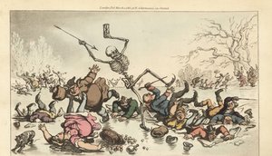 Dödens skelett med pil- och timglasåkning på en frusen damm när andra skridskoåkare faller genom den brutna isen. Handfärgad kopparplåt tecknad och graverad av Thomas Rowlandson från The English Dance of Death, Ackermann, London av Thomas Rowlandson