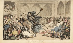 Dödens skelett med sin pil orsakar ett upplopp bland harlekiner, jockeys, nunnor, turkar och dårar på en maskeradbal. Handfärgad kopparplåt tecknad och graverad av Thomas Rowlandson från The English Dance of Death, Ackermann, London av Thomas Rowlandson