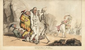 Dödens skelett med timglas och pil kommer för en Pierrot och andra clowner, medan en harlekin dansar med en kvinna på en strand. Handfärgad kopparplåt tecknad och graverad av Thomas Rowlandson från The English Dance of Death, Ackermann, London av Thomas Rowlandson