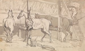 Tre hästar i boxar av Thomas Rowlandson