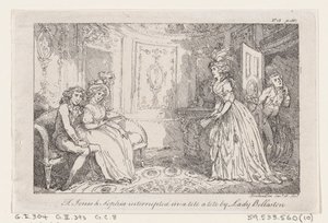 Tom Jones & Sophia avbröt i en tete en tete av Lady Bellaston, från The History of To..., 1792. av Thomas Rowlandson