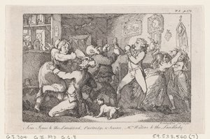Tom Jones & the Landlord, Partridge & Susan, Mrs Waters & the Landlady, från The History ..., 1792. av Thomas Rowlandson