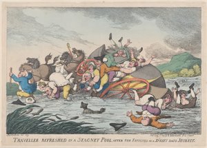 Resenär uppfriskad i en Stagnet [sic] pool, efter tröttheten hos en dammig..., 1 februari 1809. av Thomas Rowlandson