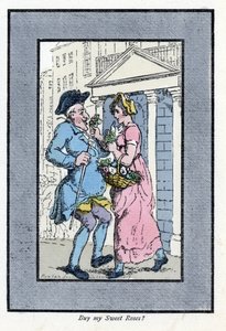Resande blomsterförsäljare, närmar sig en leende herre med en liten bukett rosor (1819). Trästick, baserad på en målning av Thomas Rowlandson (1756-1827), publicerad i The Cris of London: med sex charmiga barn och nästan 40 illustrationer, b. av Thomas Rowlandson