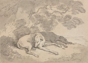 Två vinthundar som ligger under ett träd av Thomas Rowlandson