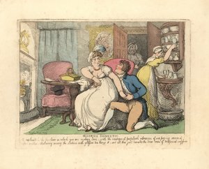 Två älskare i en salong som störs av nyfikna pigor. av Thomas Rowlandson