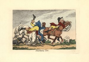 Två män ramlar av sina hästar efter att ha visat upp sig. Skryta. av Thomas Rowlandson