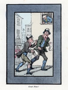 Två tidningsförsäljare med långa visselpipor som säljer tidningar på en gata i London. Trägravyr, baserad på en målning av Thomas Rowlandson (1756-1827), publicerad i The Cris of London: med sex charmiga barn och nästan 40 illustrationer, av Andrew Tuer, av Thomas Rowlandson
