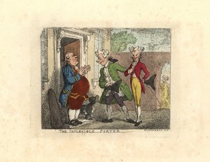 Besökande herrar vägrade tillträde till ett hus av en tjänare. av Thomas Rowlandson