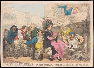 Wits Last Stake, eller The Cobling Voters and Abject Canvassers, pub. (handfärgad gravyr) av Thomas Rowlandson