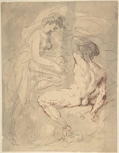 Kvinna som pratar med en sittande manlig nakenmodell av Thomas Rowlandson
