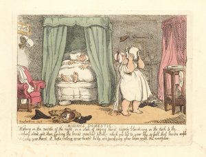 Kvinna som spiller en kanna vatten över sig själv under natten. av Thomas Rowlandson