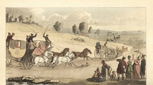 Unga engelska herrar som tävlar med fyra hästars vagnar på en väg av Thomas Rowlandson