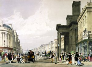 Regent Street med utsikt mot kvadranten med Hannover-kapellet i förgrunden och shoppare som promenerar, 1842 av Thomas Shotter Boys