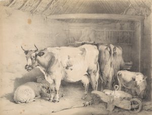 Får och nötkreatur i en lada av Thomas Sidney Cooper