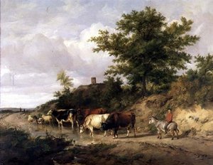 Skogbevuxen landskap med en pojke på en åsna och boskap vid ett vadställe av Thomas Sidney Cooper
