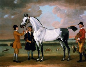Hertigen av Boltons "Starling" med en jockey och en brudgum på Newmarket