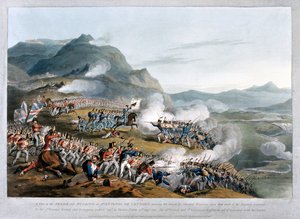 En vy över Sierra de Busaco vid St. Antonio de Cantaro, som visar attacken av marskalk Reigniers, graverad av Charles Turner, publicerad 1812 (akvatint)