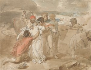 En kvinna räddad från havet och assisterad i land, roddbåt och räddare i bakgrunden av Thomas Stothard