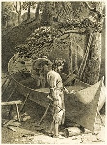 ?Robinson Crusoe och fredag gör en båt? från ?The Life and Strange Surprising Adventures of Robinson Crusoe, or York, Mariner? av Daniel Defoe
