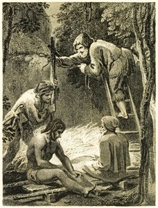 ?Robinson Crusoe och fredag gör ett tält för att hysa fredagens far och spanjoren? från ?The Life and Strange Surprising Adventures of Robinson Crusoe, or York, Mariner? av Daniel Defoe