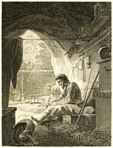 ?Robinson Crusoe på jobbet i sin grotta? från ?The Life and Strange Surprising Adventures of Robinson Crusoe, or York, Mariner? av Daniel Defoe