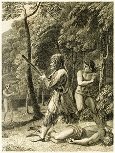 ?Robinson Crusoe ser och räddar sin man först på fredag? från ?The Life and Strange Surprising Adventures of Robinson Crusoe, or York, Mariner? av Daniel Defoe
