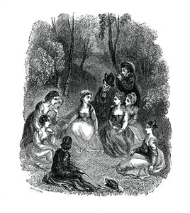 Scen från inledningen till The Decameron av Giovanni Boccaccio, 1833. av Thomas Stothard