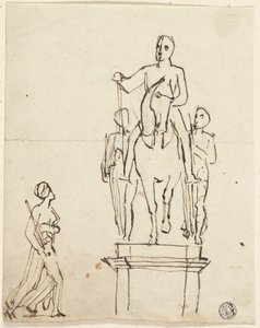 Skulptur av ryttare ackompanjerad av två stående figurer, med skiss av en av de senare av Thomas Stothard