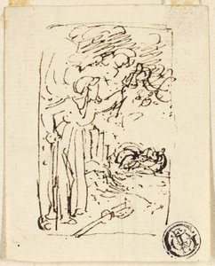 Skiss av figur lutad mot käpp av Thomas Stothard
