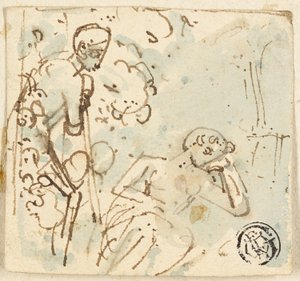 Skiss av man som lutar sig mot personalen och tittar på sovande kvinna av Thomas Stothard